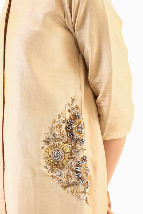 Beige Front-Button Kurta Set with Embroidery on Pockets