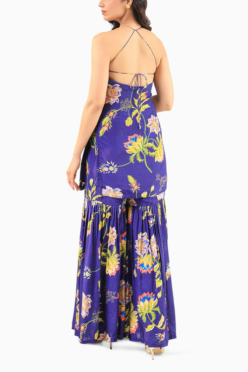 Deep Blue Floral Halter Kurta Sharara Set with Dupatta