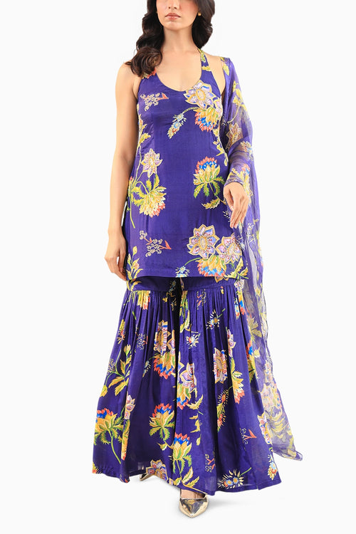 Deep Blue Floral Halter Kurta Sharara Set with Dupatta