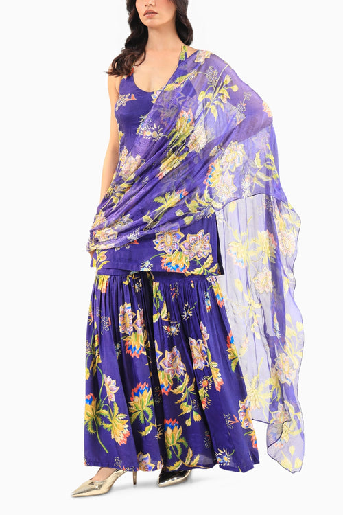 Deep Blue Floral Halter Kurta Sharara Set with Dupatta