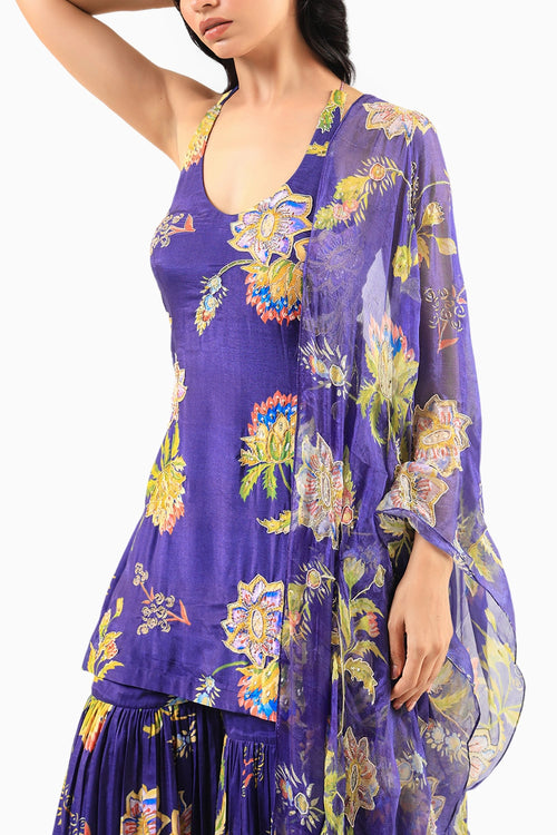 Deep Blue Floral Halter Kurta Sharara Set with Dupatta