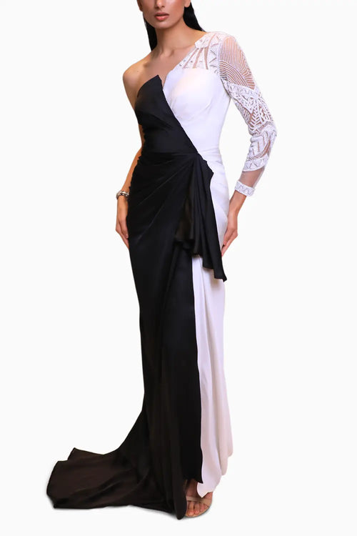 Black White Applique Work Gown