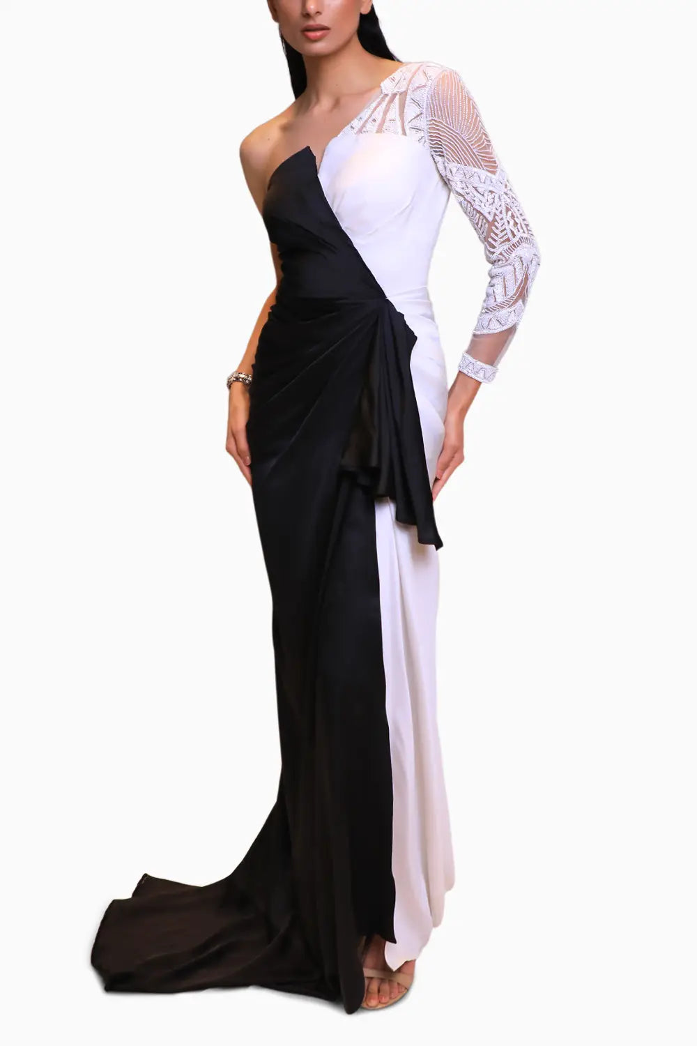 Black White Applique Work Gown