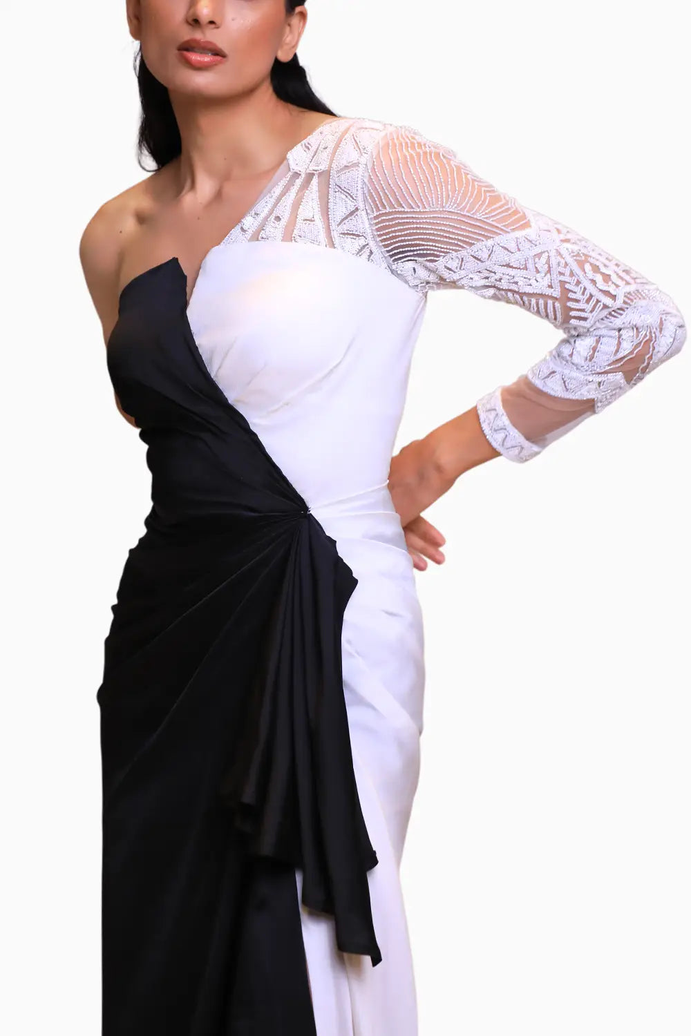 Black White Applique Work Gown