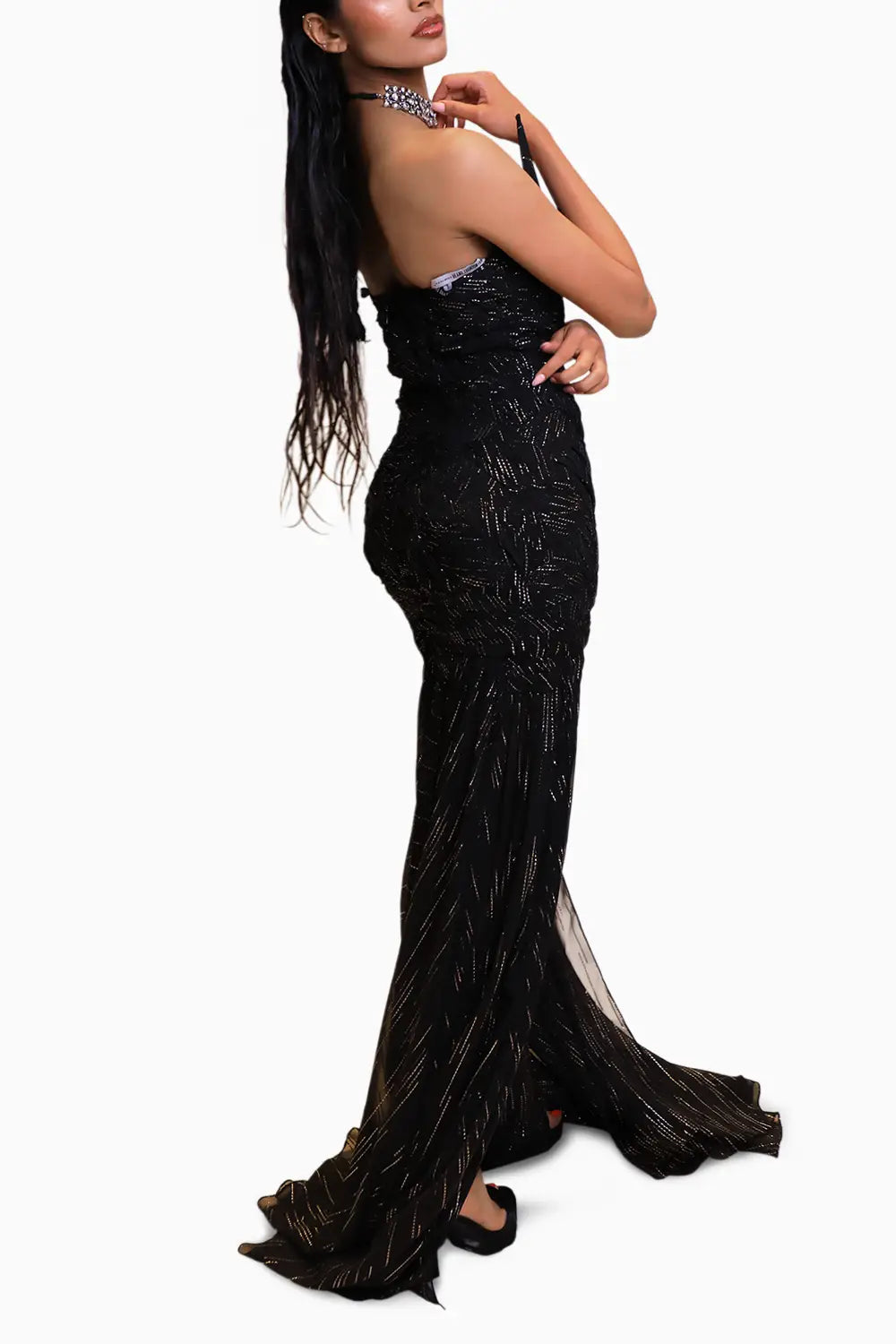 Black Hand Embroidered Applique Work Gown