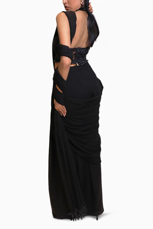 Black Pre Drape Saree with Halter Neck Blouse