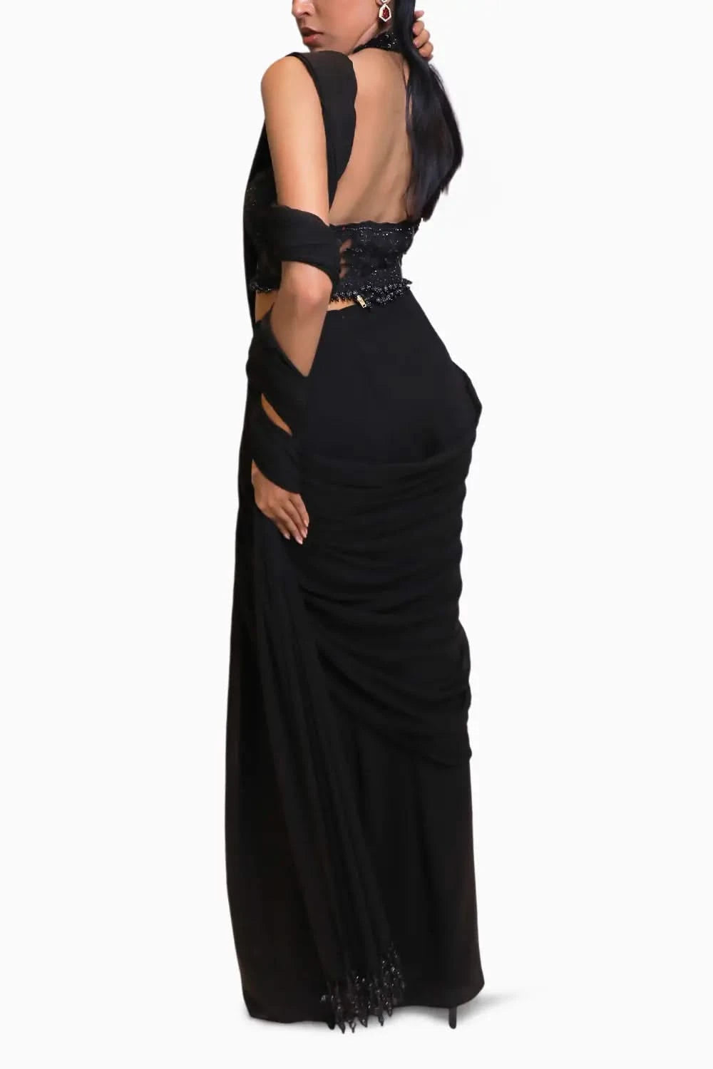 Black Pre Drape Saree with Halter Neck Blouse