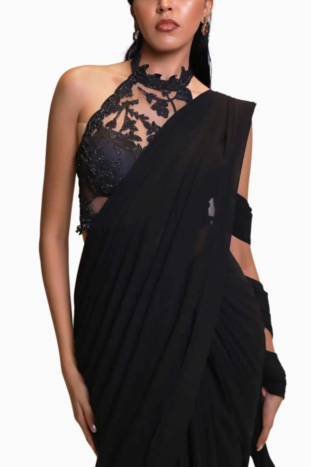 Black Pre Drape Saree with Halter Neck Blouse Black Pre Drape Saree with Halter Neck Blouse