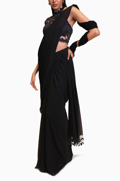 Black Pre Drape Saree with Halter Neck Blouse