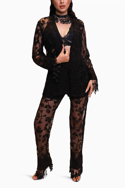 Black Hand Embroidered Applique Work Jacket Set