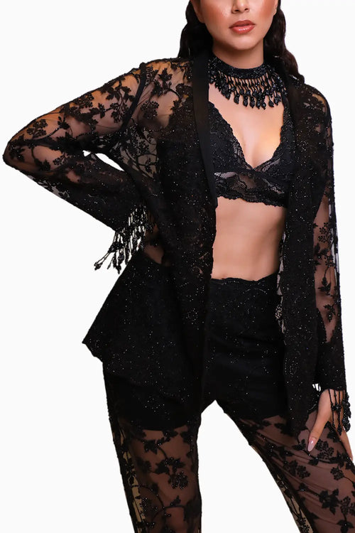 Black Hand Embroidered Applique Work Jacket Set