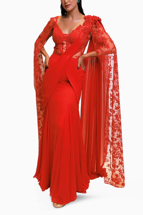 Red Drape Style Sleeves Fusion Saree