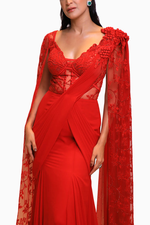 Red Drape Style Sleeves Fusion Saree