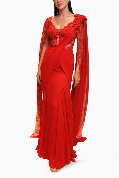 Red Drape Style Sleeves Fusion Saree