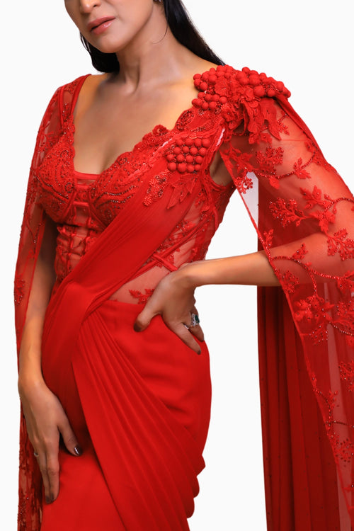 Red Drape Style Sleeves Fusion Saree