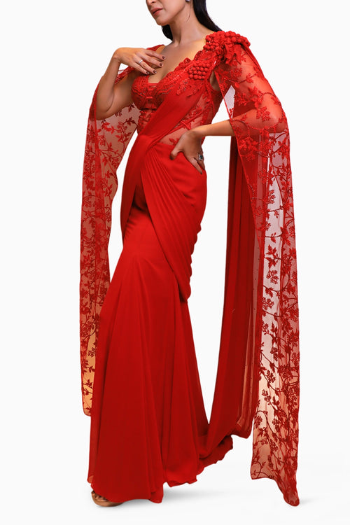 Red Drape Style Sleeves Fusion Saree