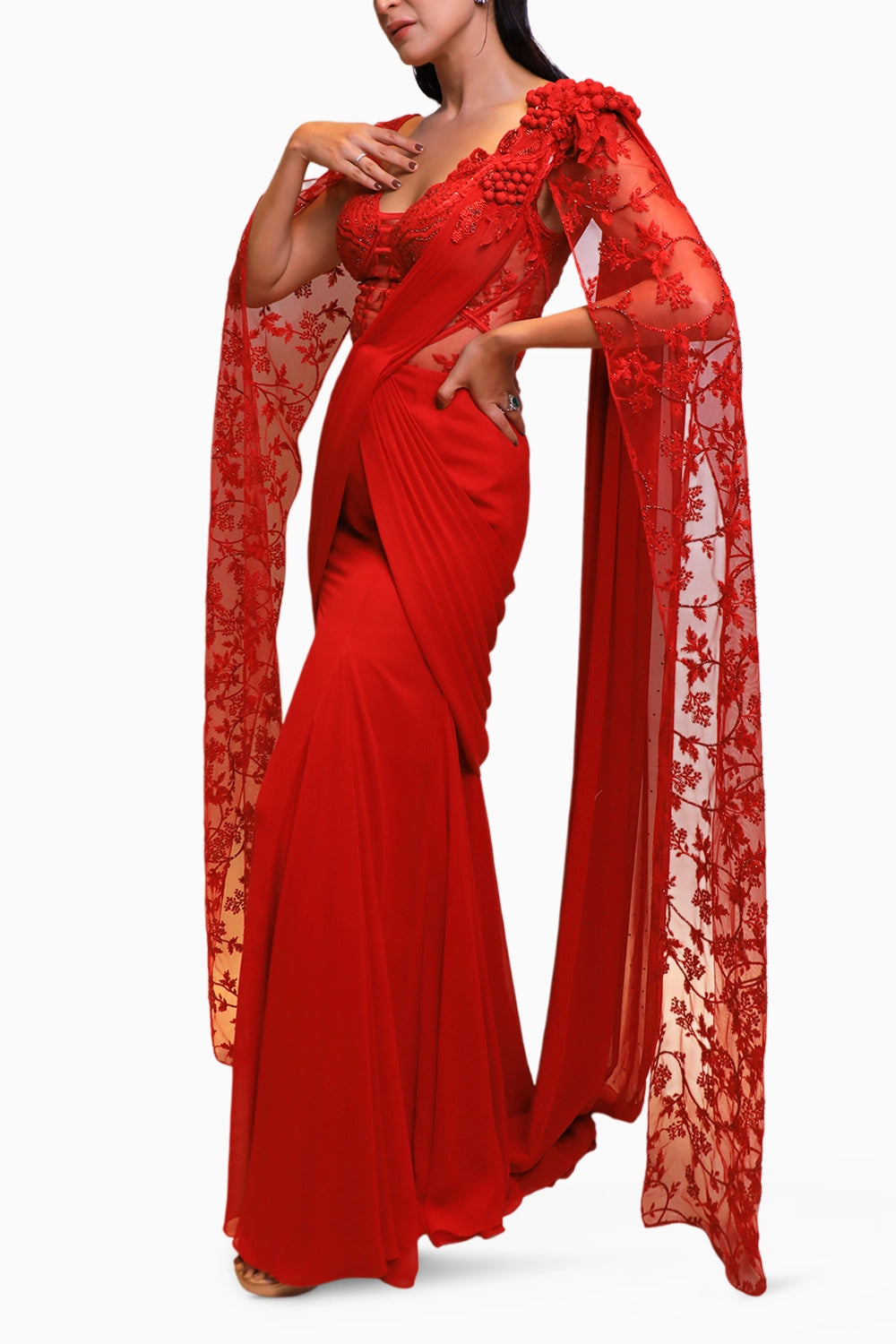 Red Drape Style Sleeves Fusion Saree