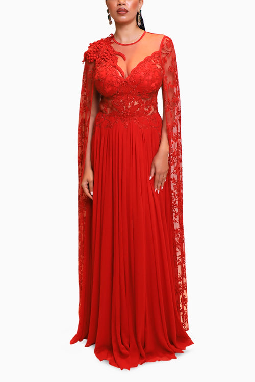 Scarlet Red Drape Saree with Corset Bodice