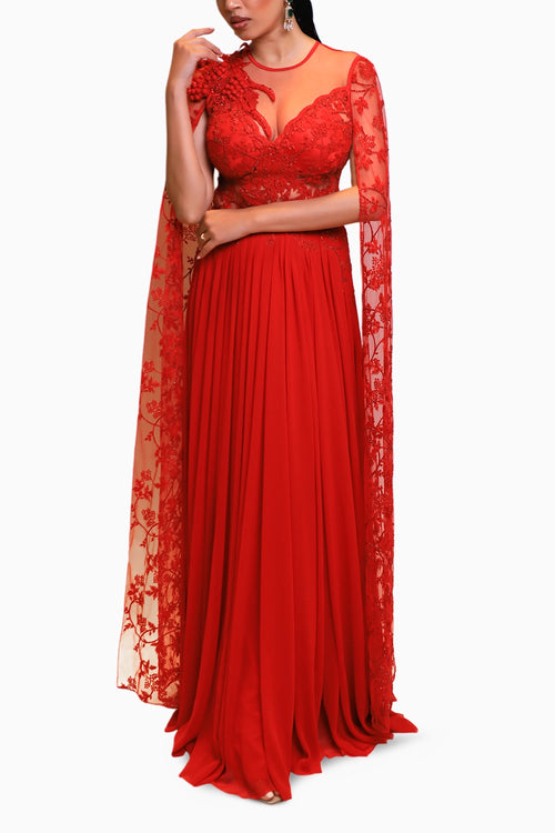 Scarlet Red Drape Saree with Corset Bodice