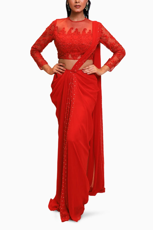Bright Red Georgette Drape Saree with Full Sleeve Blouse