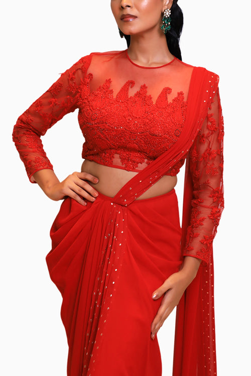 Bright Red Georgette Drape Saree with Full Sleeve Blouse