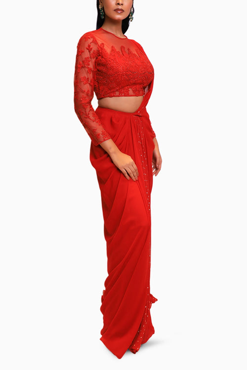 Bright Red Georgette Drape Saree with Full Sleeve Blouse
