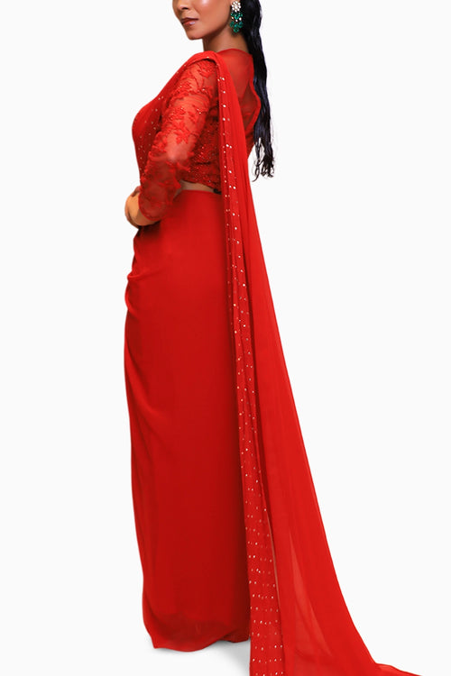Bright Red Georgette Drape Saree with Full Sleeve Blouse