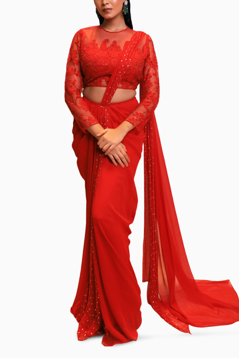 Bright Red Georgette Drape Saree with Full Sleeve Blouse