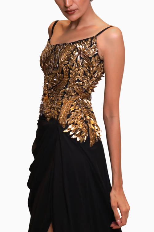 Black Gold Applique Work Gown