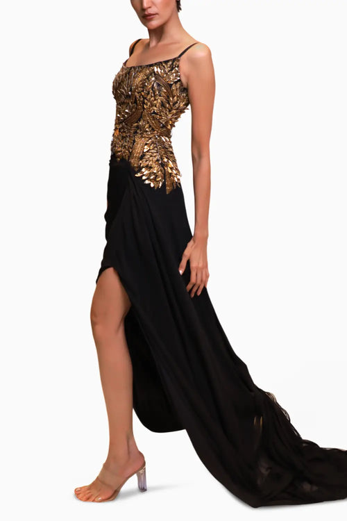 Black Gold Applique Work Gown