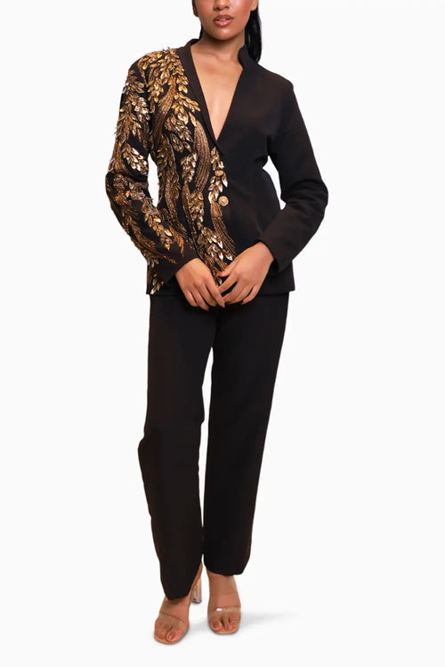 Black Gold Hand Embroidered Applique Work Jacket Pant