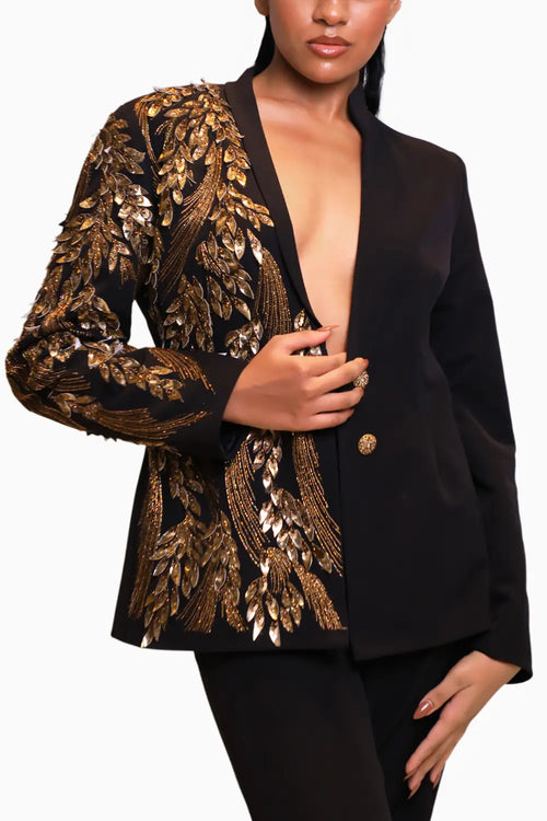 Black Gold Hand Embroidered Applique Work Jacket Pant