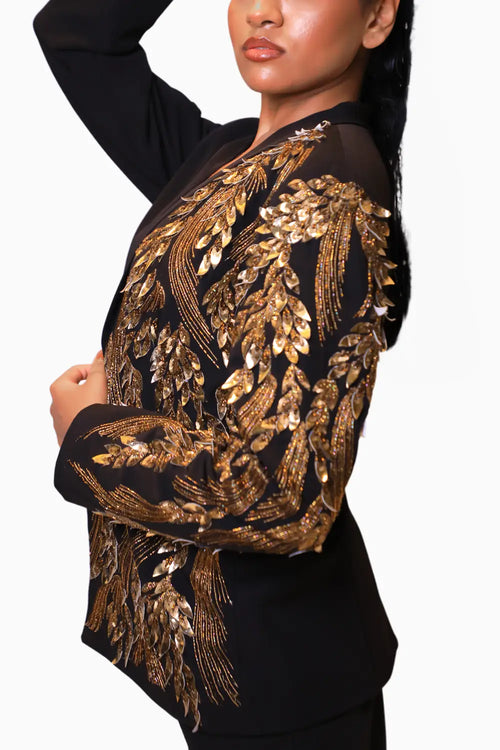 Black Gold Hand Embroidered Applique Work Jacket Pant