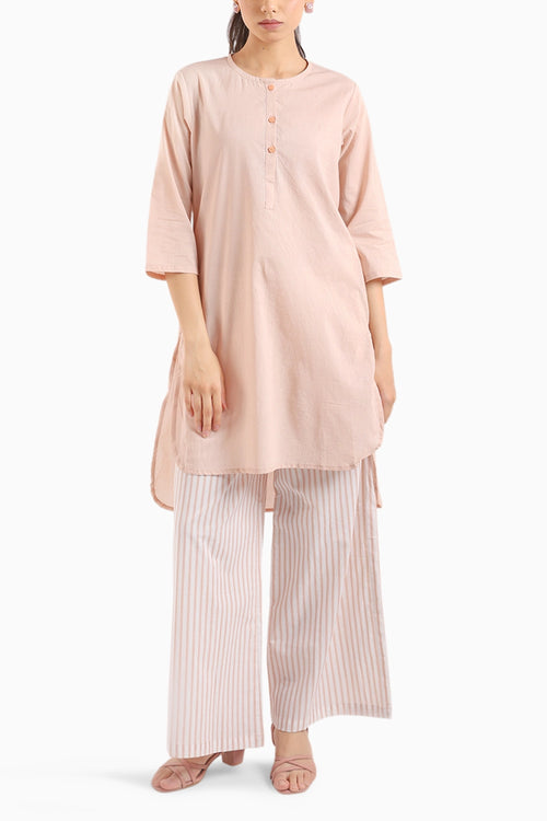 Nude Pink Cotton Kurta Set With Striped Pants