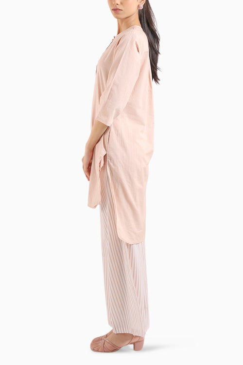 Nude Pink Cotton Kurta Set With Striped Pants