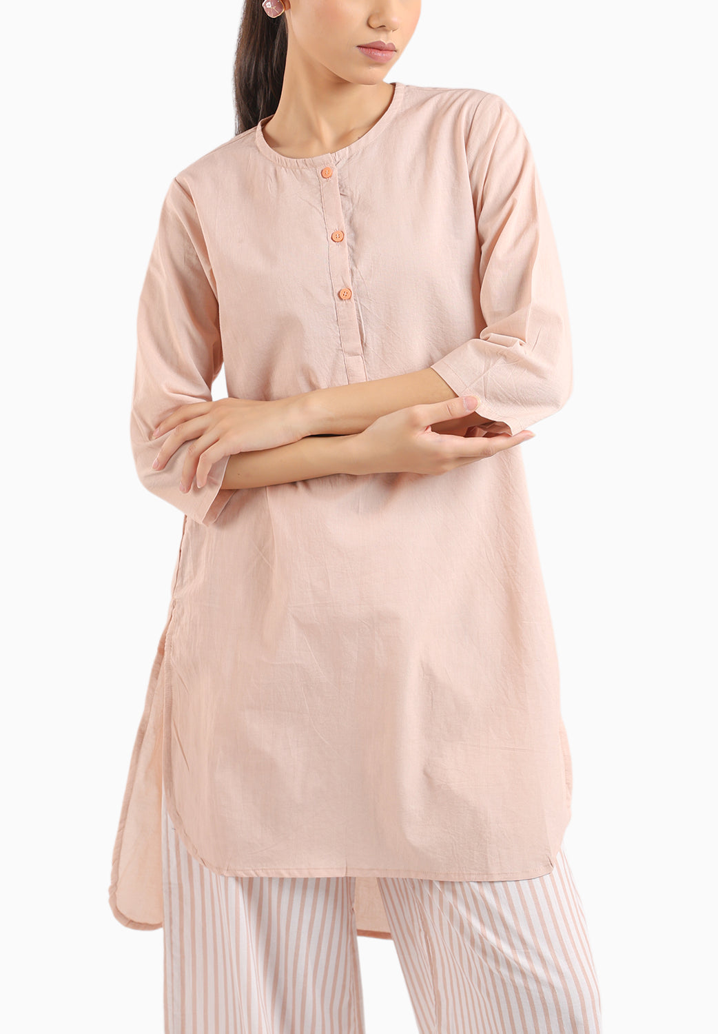 Nude Pink Cotton Kurta Set With Striped Pants