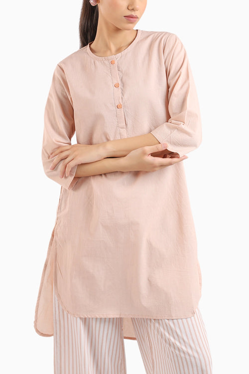 Nude Pink Cotton Kurta Set With Striped Pants