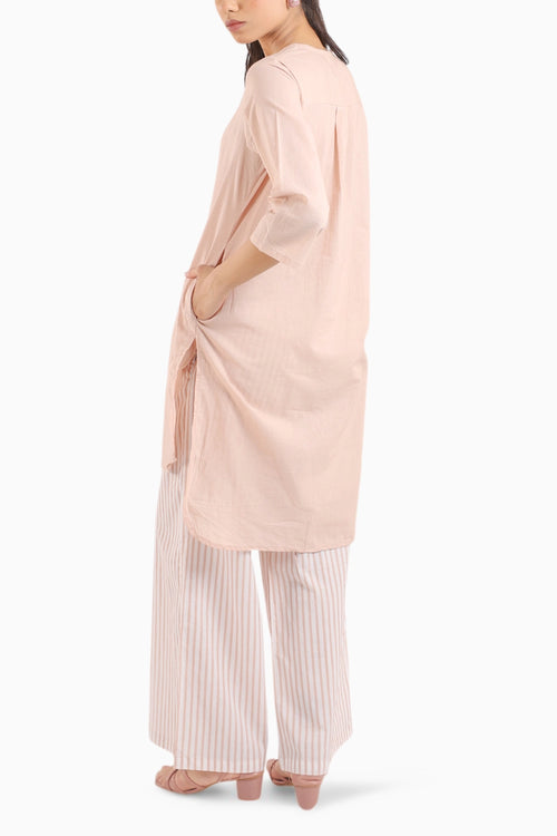 Nude Pink Cotton Kurta Set With Striped Pants