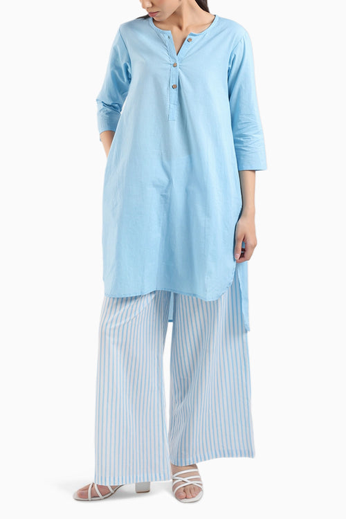 Ice Blue Cotton Kurta Set With Striped Pants