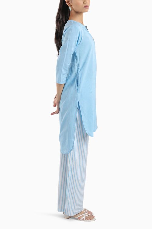 Ice Blue Cotton Kurta Set With Striped Pants