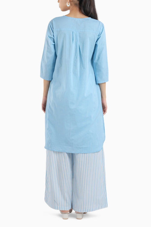 Ice Blue Cotton Kurta Set With Striped Pants