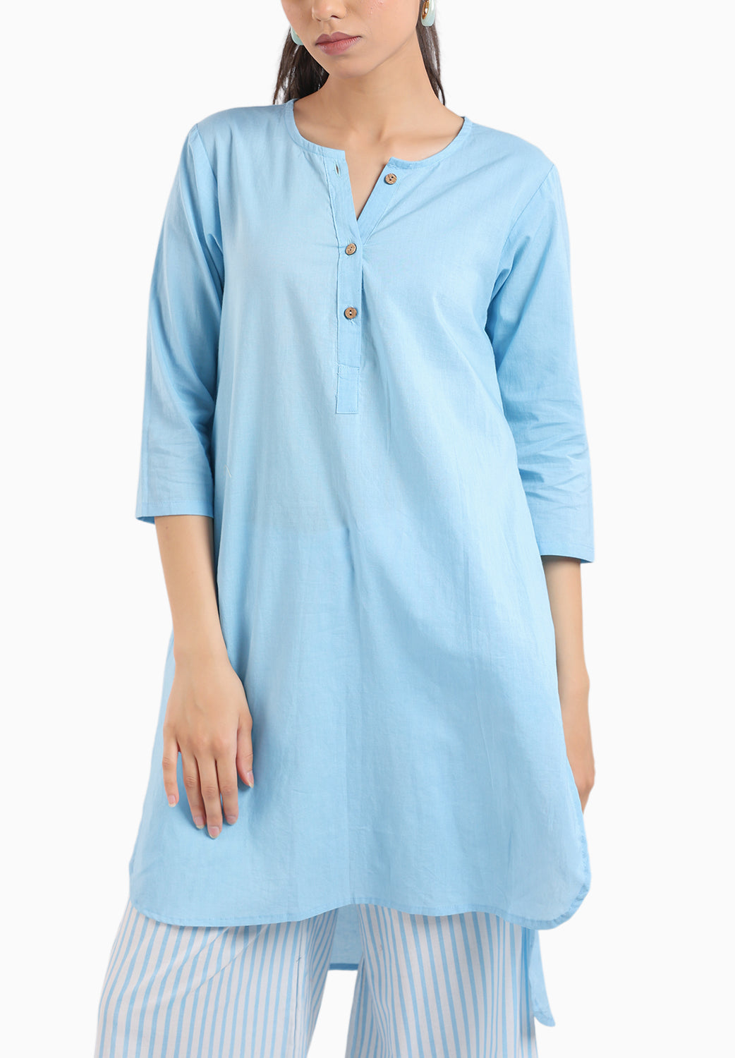 Ice Blue Cotton Kurta Set With Striped Pants