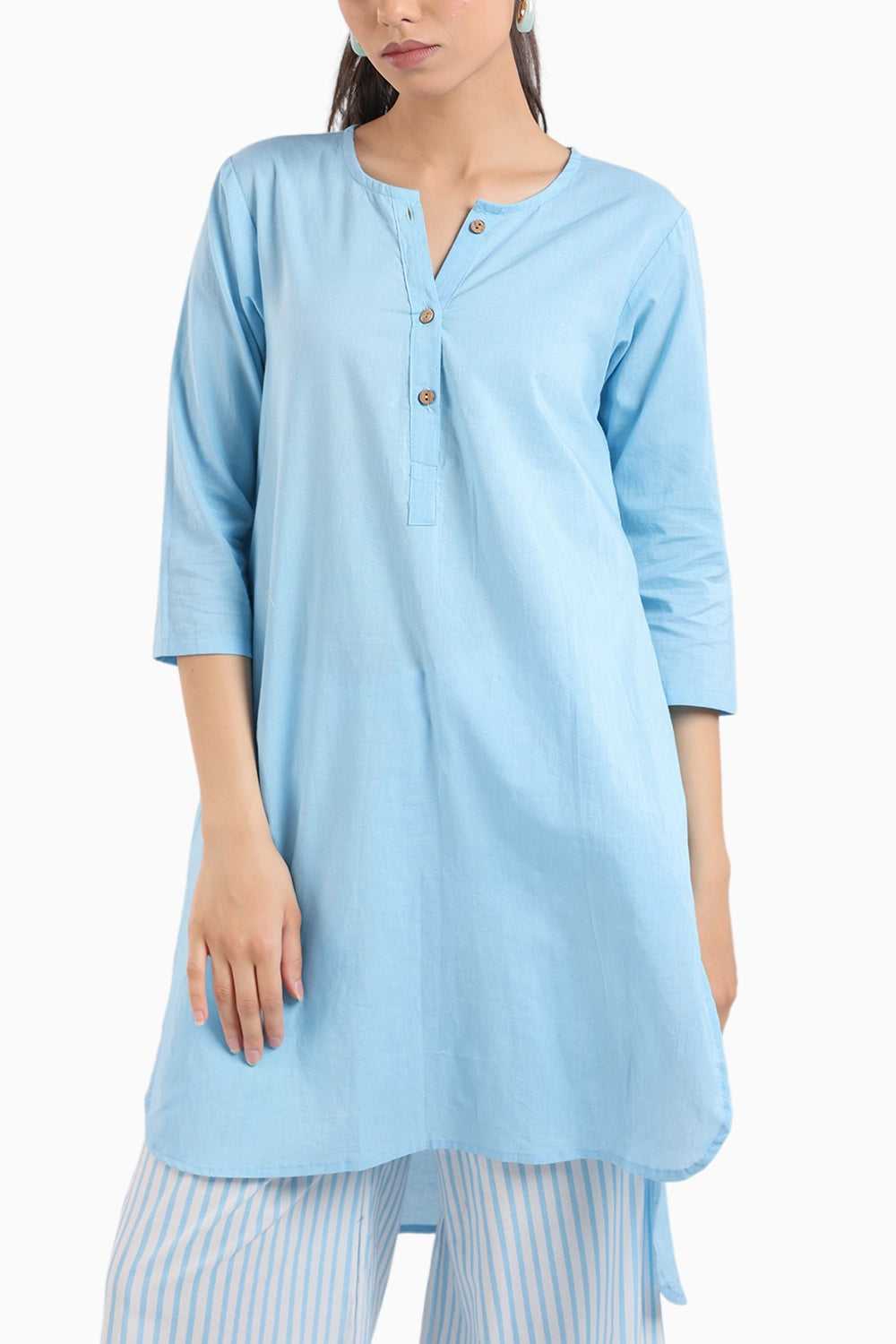 Ice Blue Cotton Kurta Set With Striped Pants