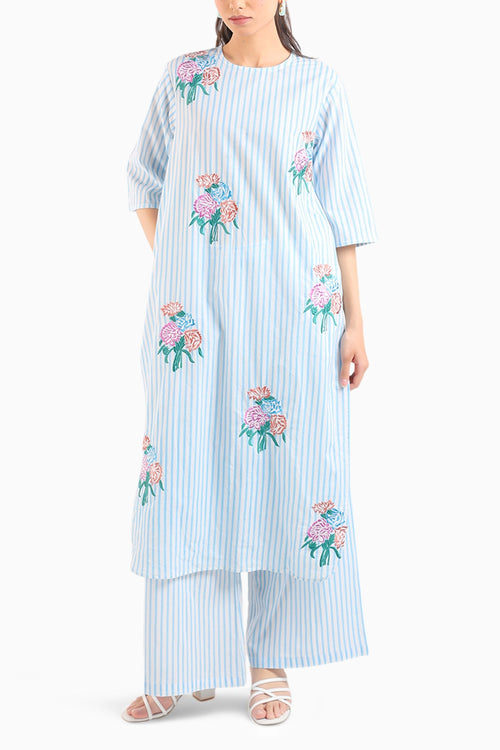 Ice Blue Striped Kurta Set With Floral Embroidery