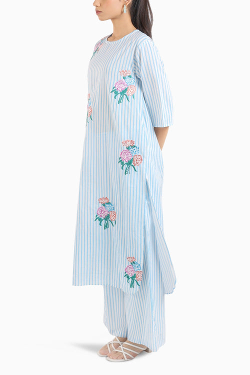 Ice Blue Striped Kurta Set With Floral Embroidery
