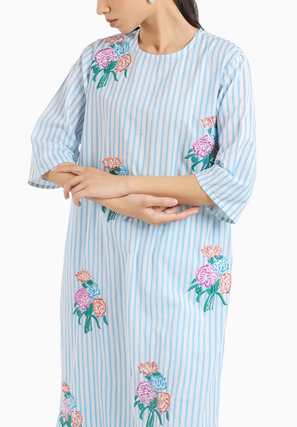 Ice Blue Striped Kurta Set With Floral Embroidery