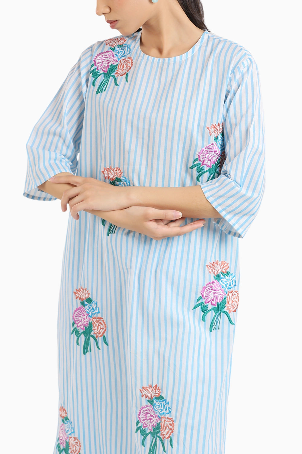 Ice Blue Striped Kurta Set With Floral Embroidery