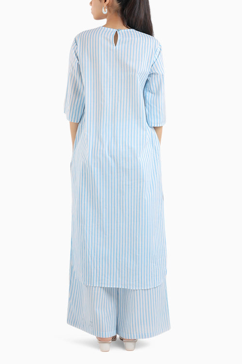 Ice Blue Striped Kurta Set With Floral Embroidery