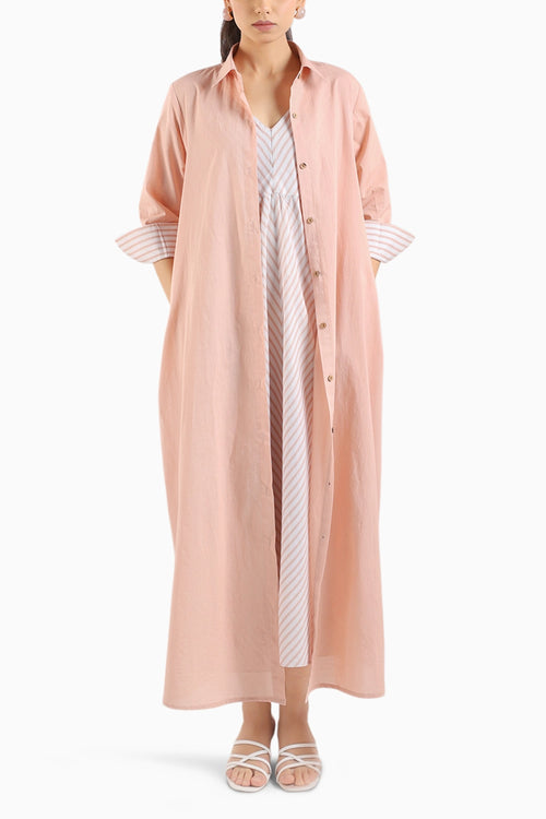 Dust Rose Flared Long Dress Paired With A Shirt
