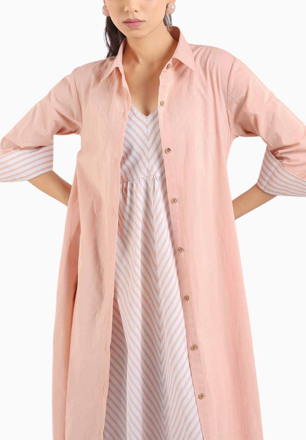 Dust Rose Flared Long Dress Paired With A Shirt